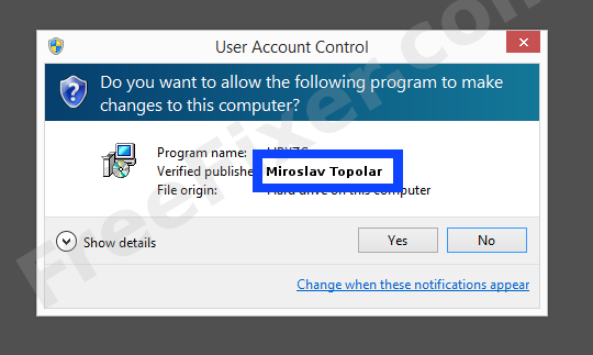 Screenshot where Miroslav Topolar appears as the verified publisher in the UAC dialog